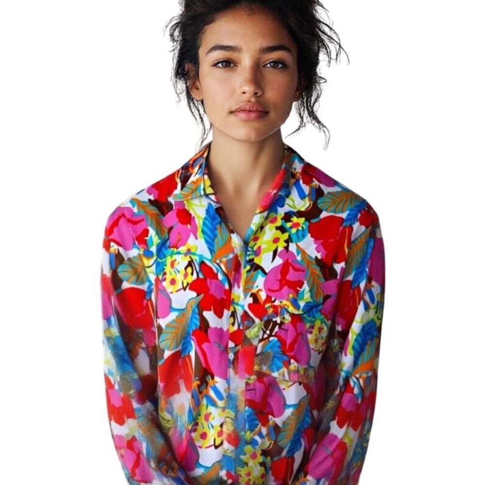 NWOT J.McLauglin Britt Blue Pink Floral Cotton Button Down Blouse size Large